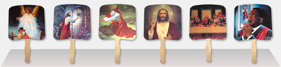 Row of five example religious hand fans