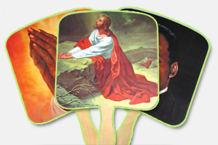 Three example religious hand fans